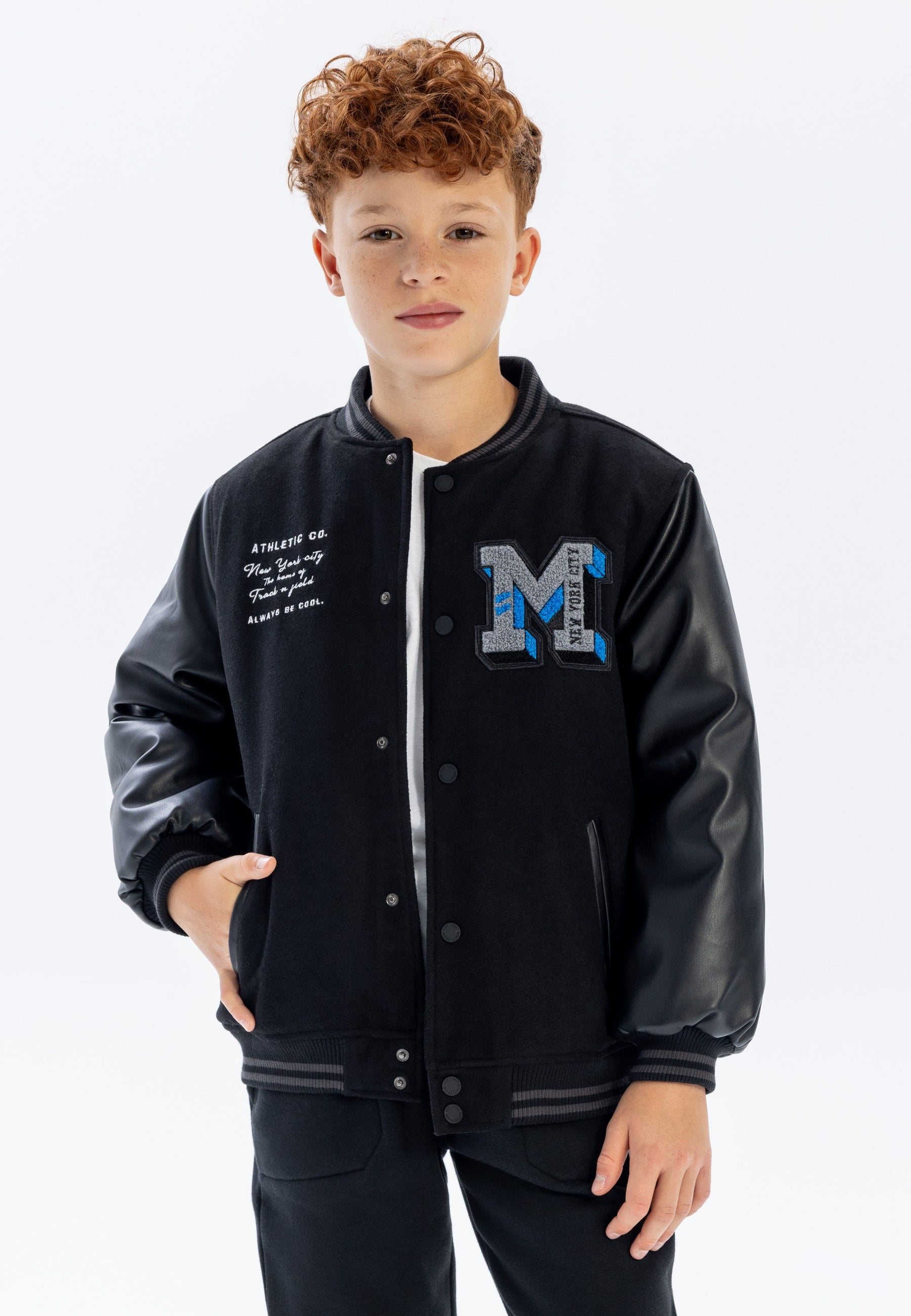Baseball Jacket Black Faux Leather Sleeves, Sports - 1