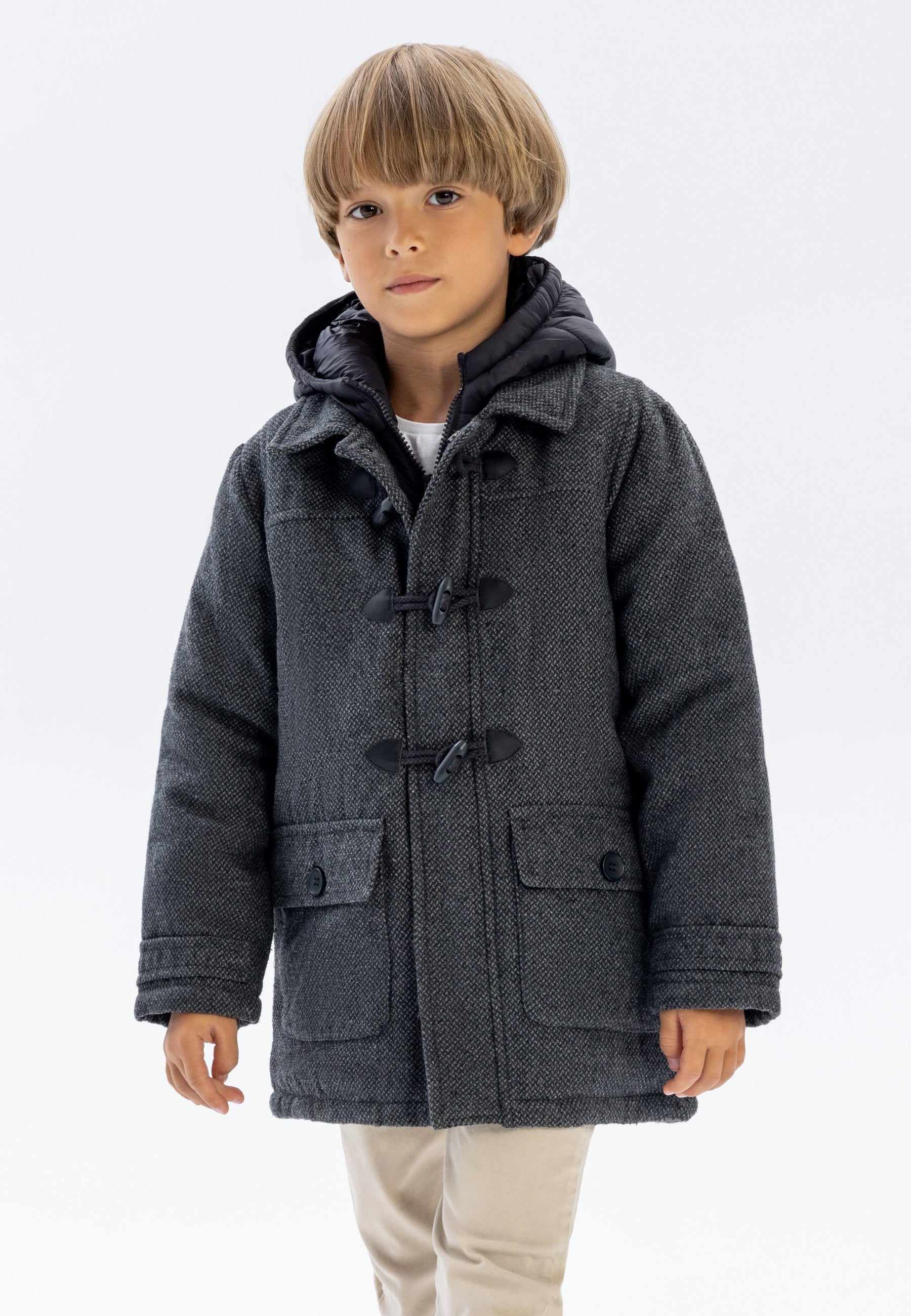 Duffle Coat, Grey Tweed, Hooded, Toggle Front - 1