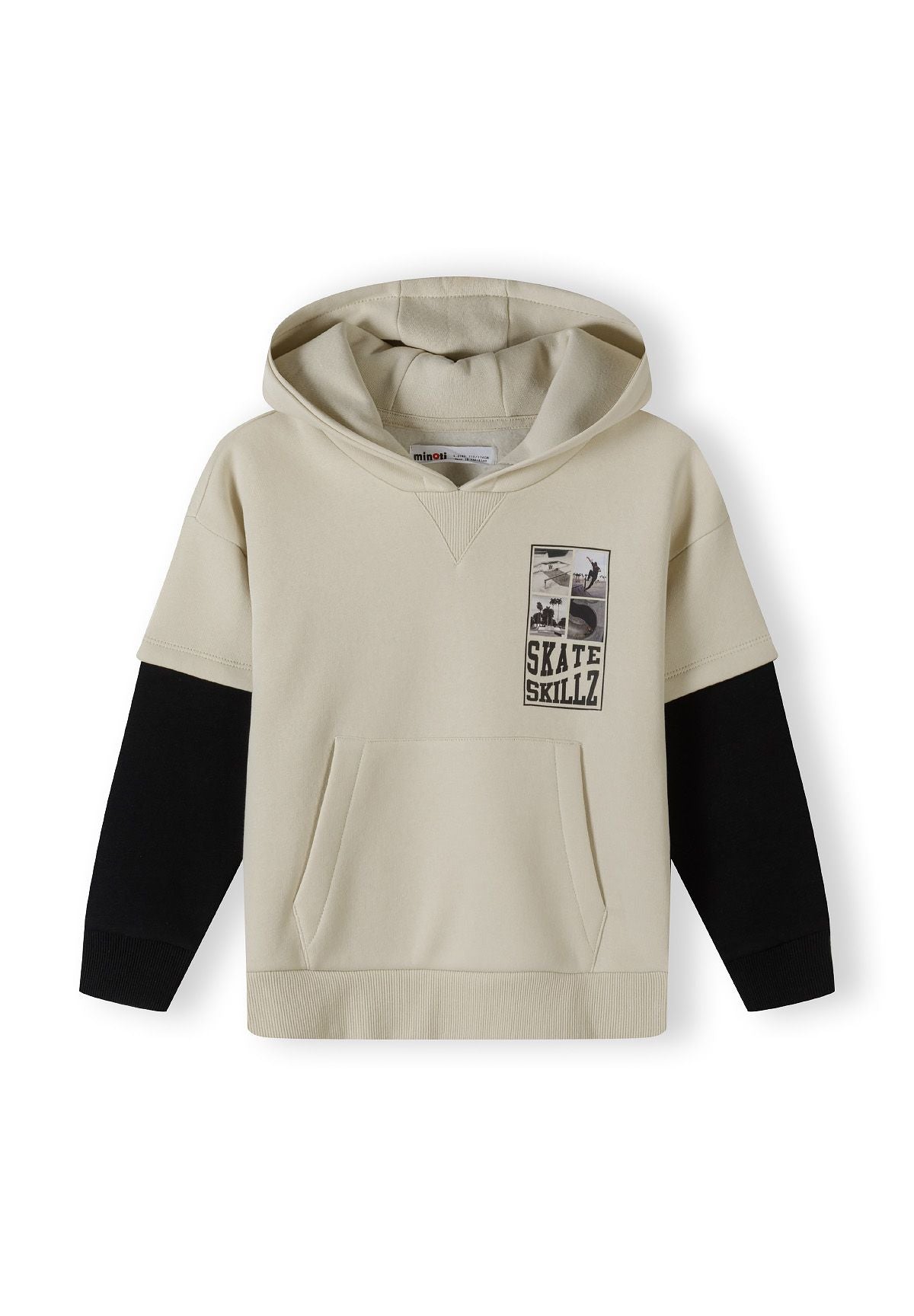Front of stone beige Skate Skillz hoodie with black lower sleeves and kangaroo pocket.