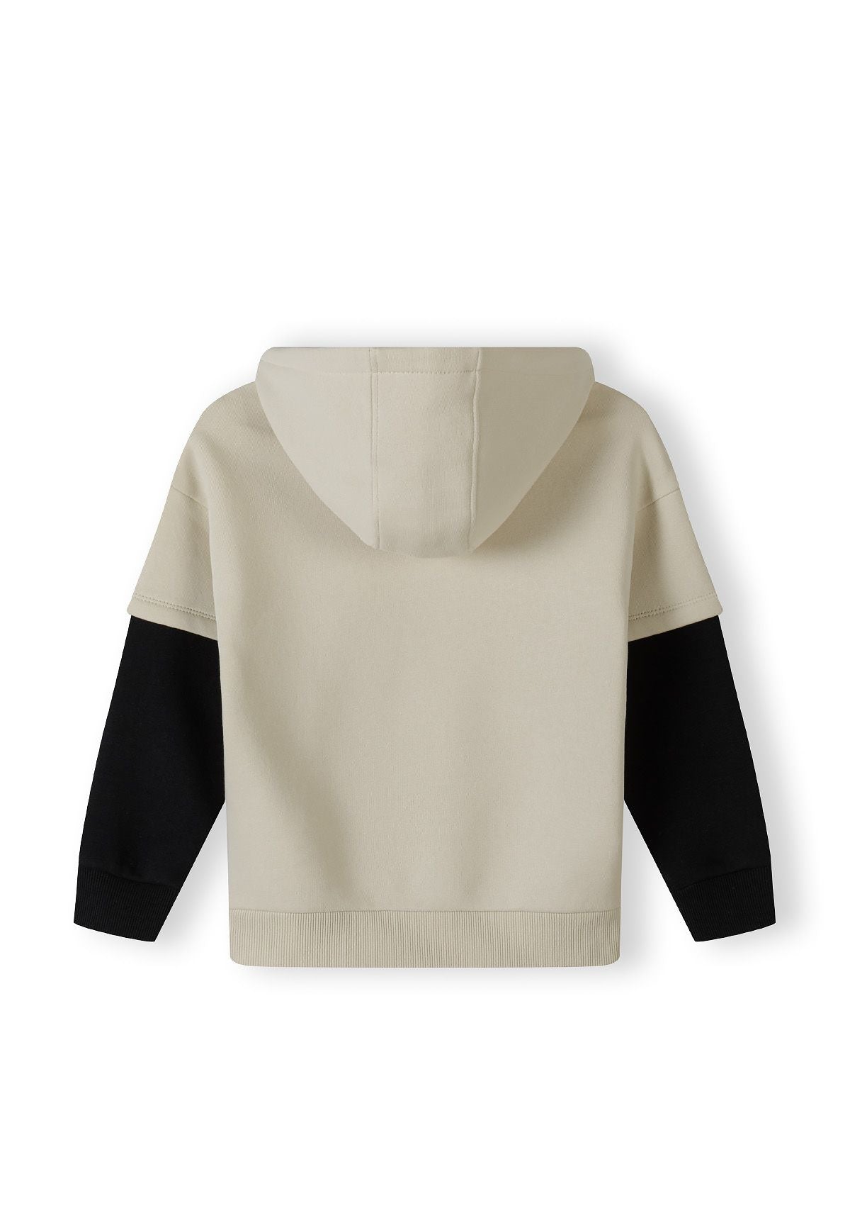 Back of stone beige hoodie with black lower sleeves and plain hooded body.