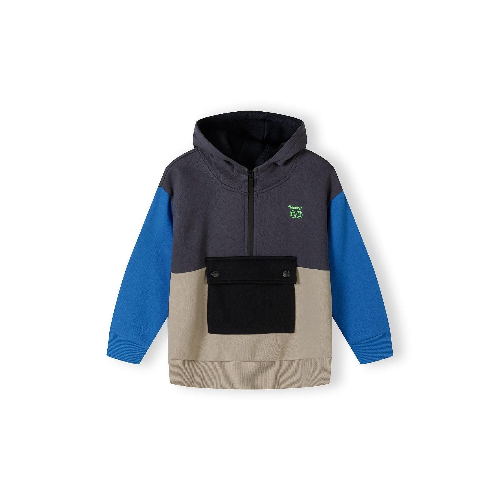 Back view of colourblock hoodie showing grey hood with blue sleeves and cream hem on white background