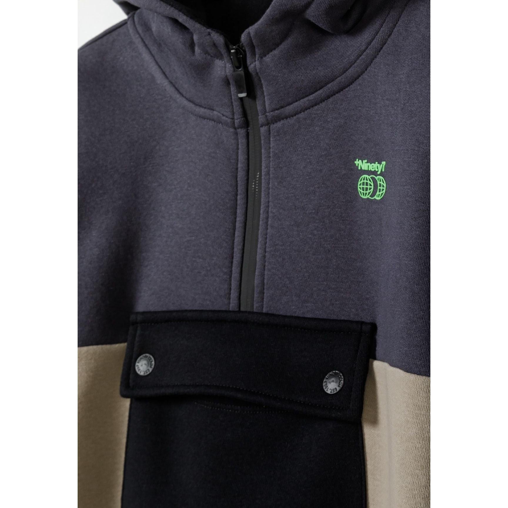Close-up detail of hoodie showing half zip closure, green logo embroidery and front pocket with button details