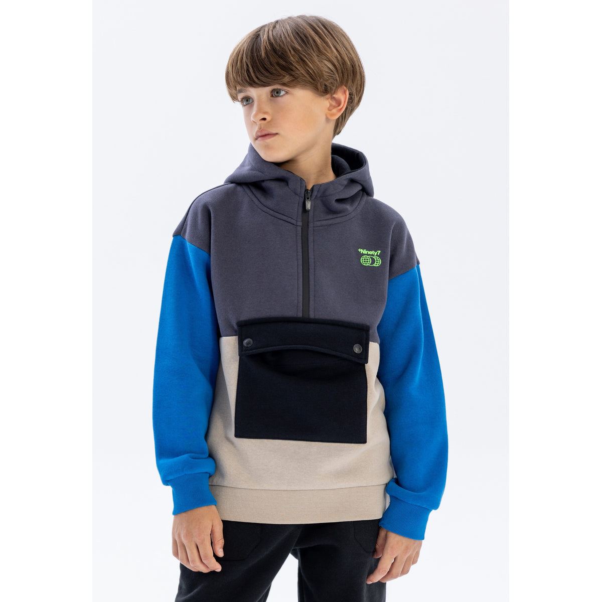 Boys' colour block quarter-zip hoodie in grey, blue, beige and black — complete product view for square Shop card