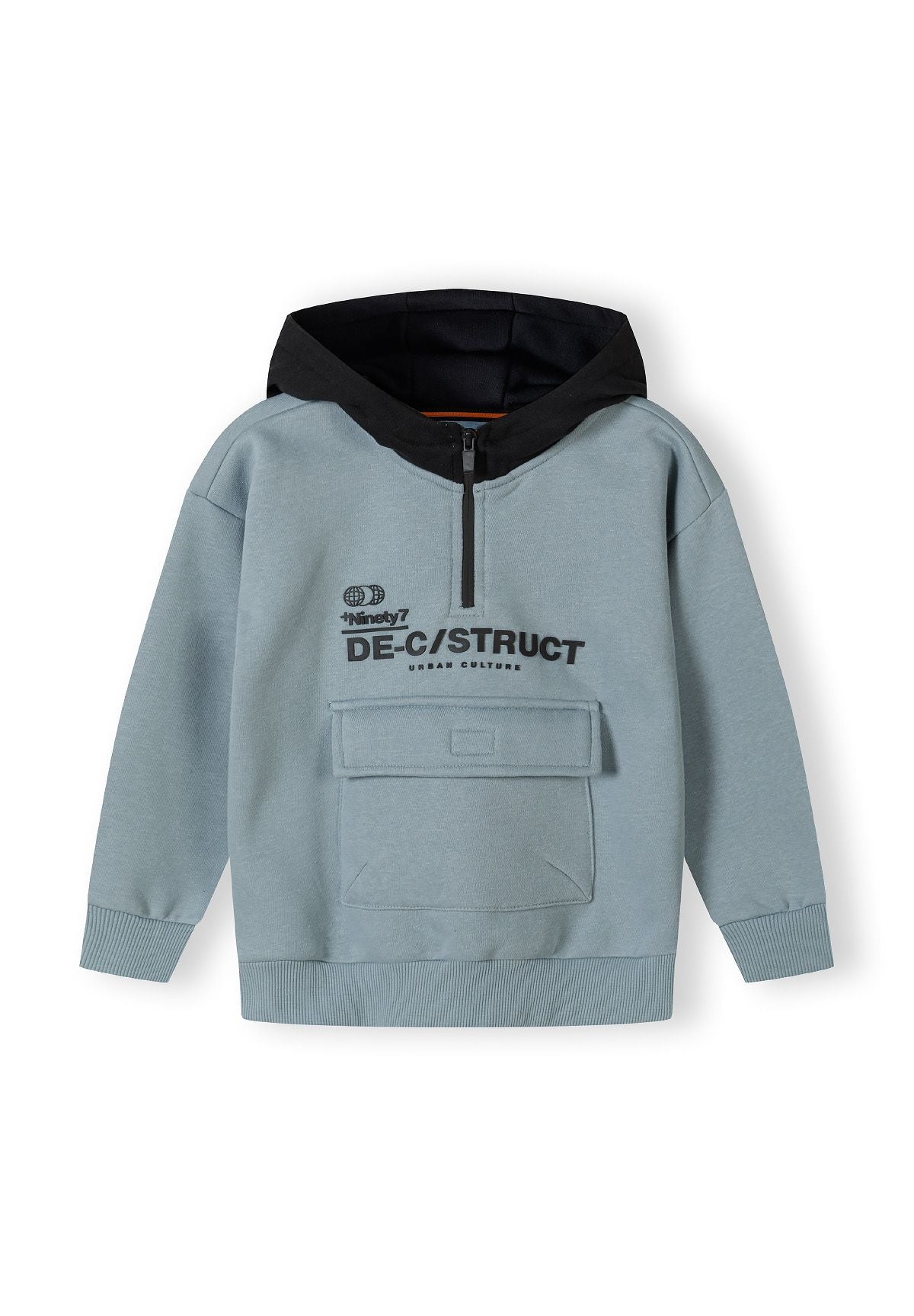 Blue grey and black quarter-zip hoodie, front.