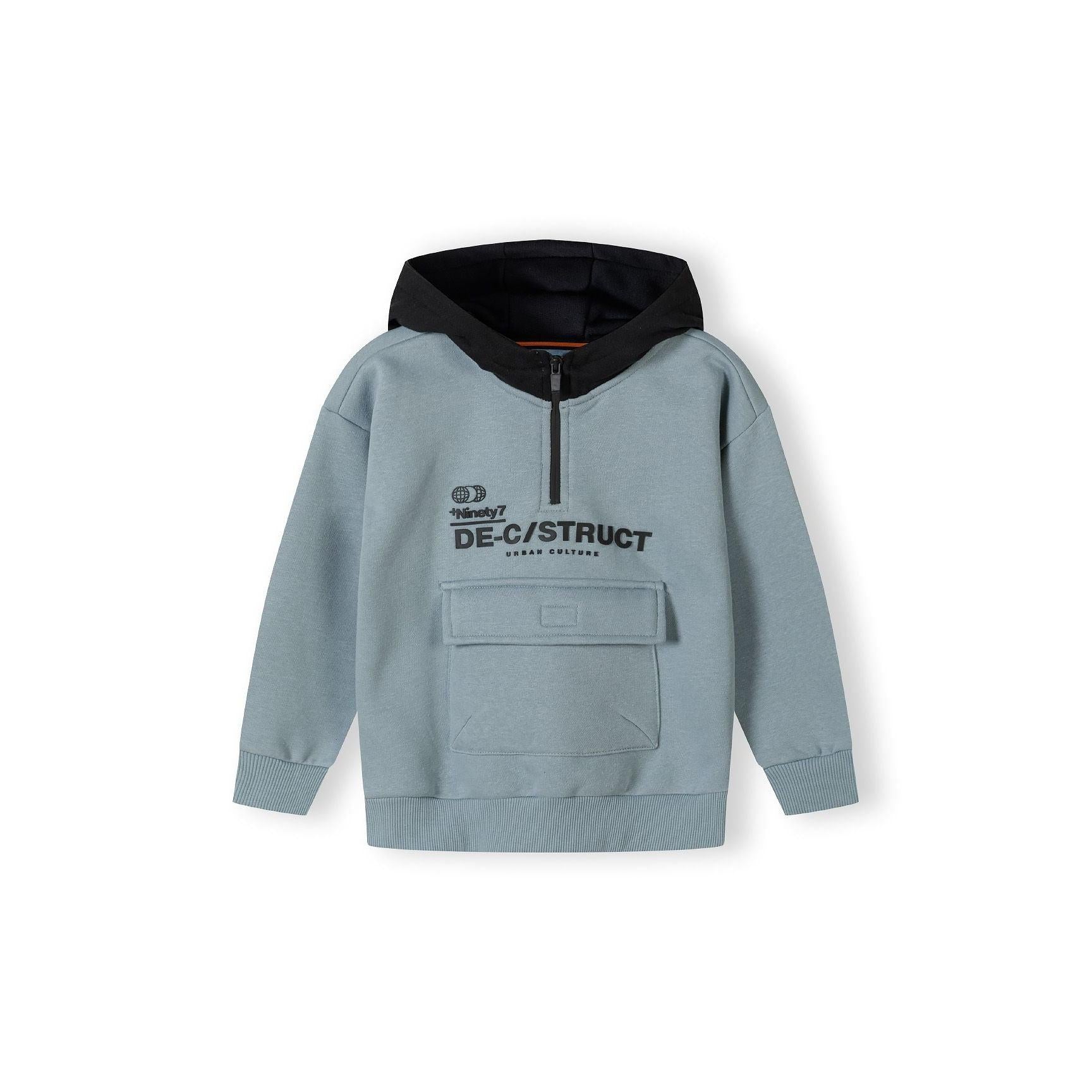 Light blue hoodie laid flat showing back view with black hood and ribbed hem and cuffs