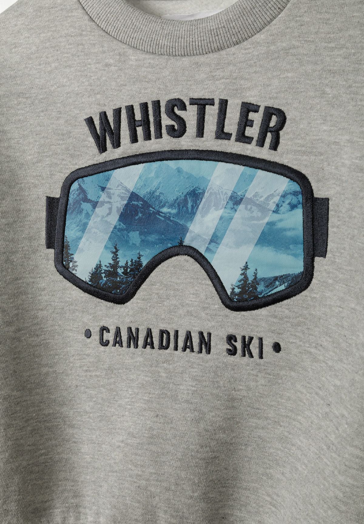 Grey marl crew neck sweatshirt, ski graphic detail.