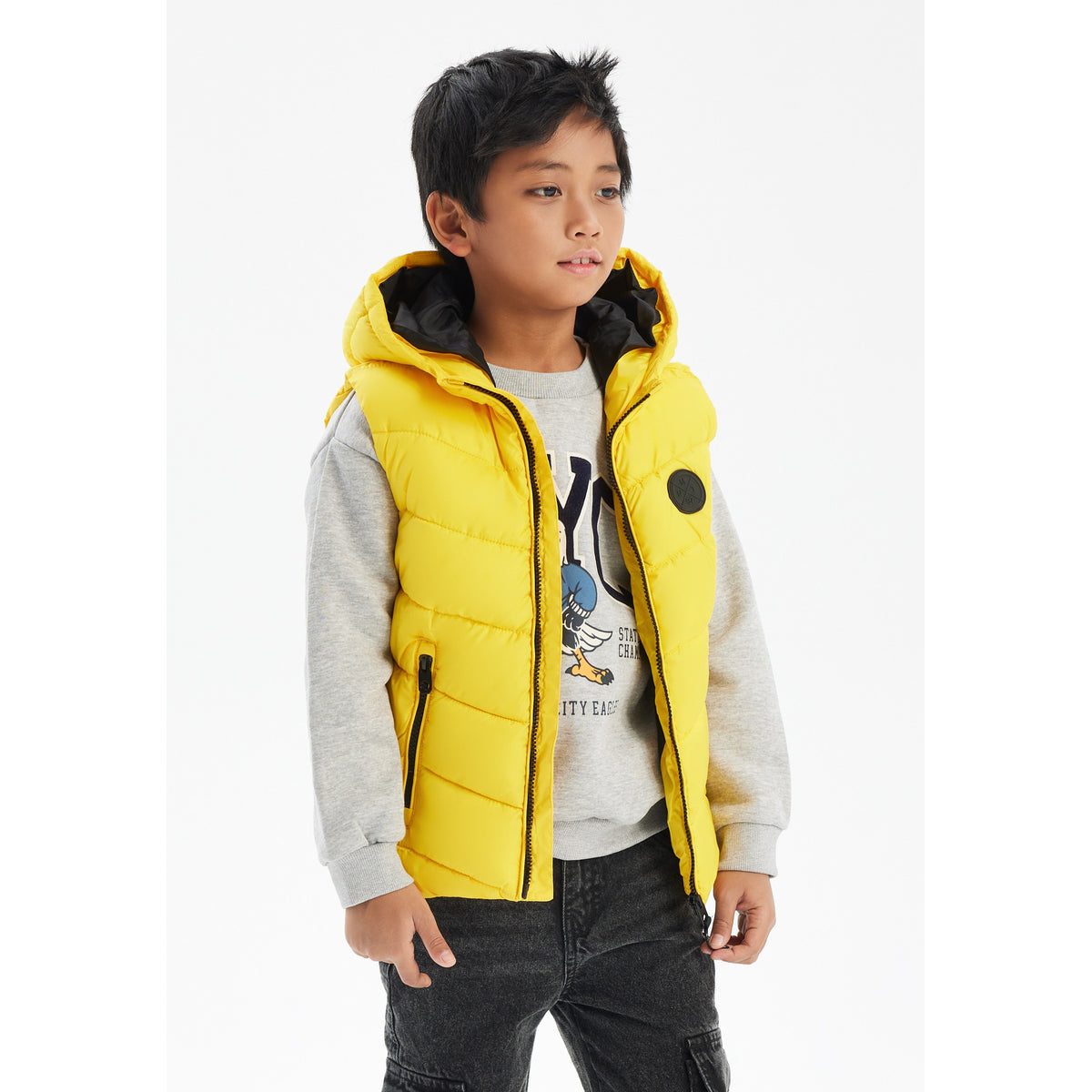 Boys' padded gilet in yellow — complete product view for square Shop card