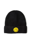 Knitted black boys beanie with smiley badge, offering warmth and a soft feel for ages 6m-8y.