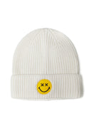 Boys beanie with badge cream 6m-8y. Soft ribbed knit texture, featuring a cheerful yellow smiley badge. Snug fit for warmth.