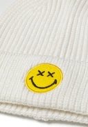 Boys beanie with badge cream 6m-8y, ribbed knit texture, features a playful smiley badge, designed for warmth and comfort.