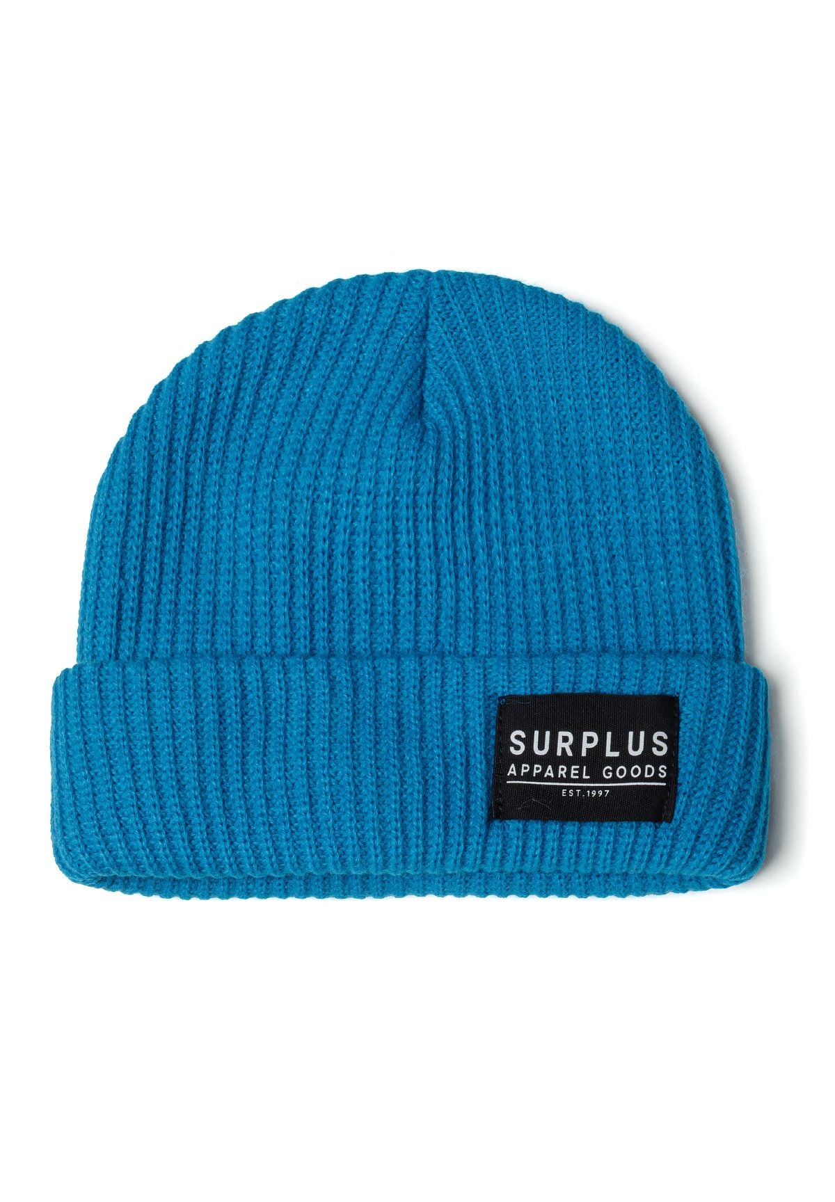 Turquoise and black ribbed beanies, turquoise hat front.