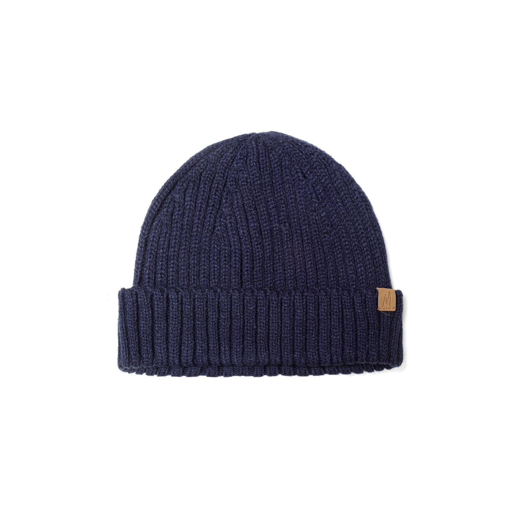 Detail view of navy ribbed knit texture and construction of the winter accessories