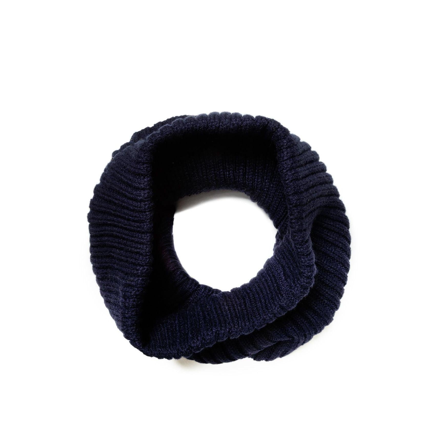 Detail view of navy ribbed knit texture and construction of the winter accessories