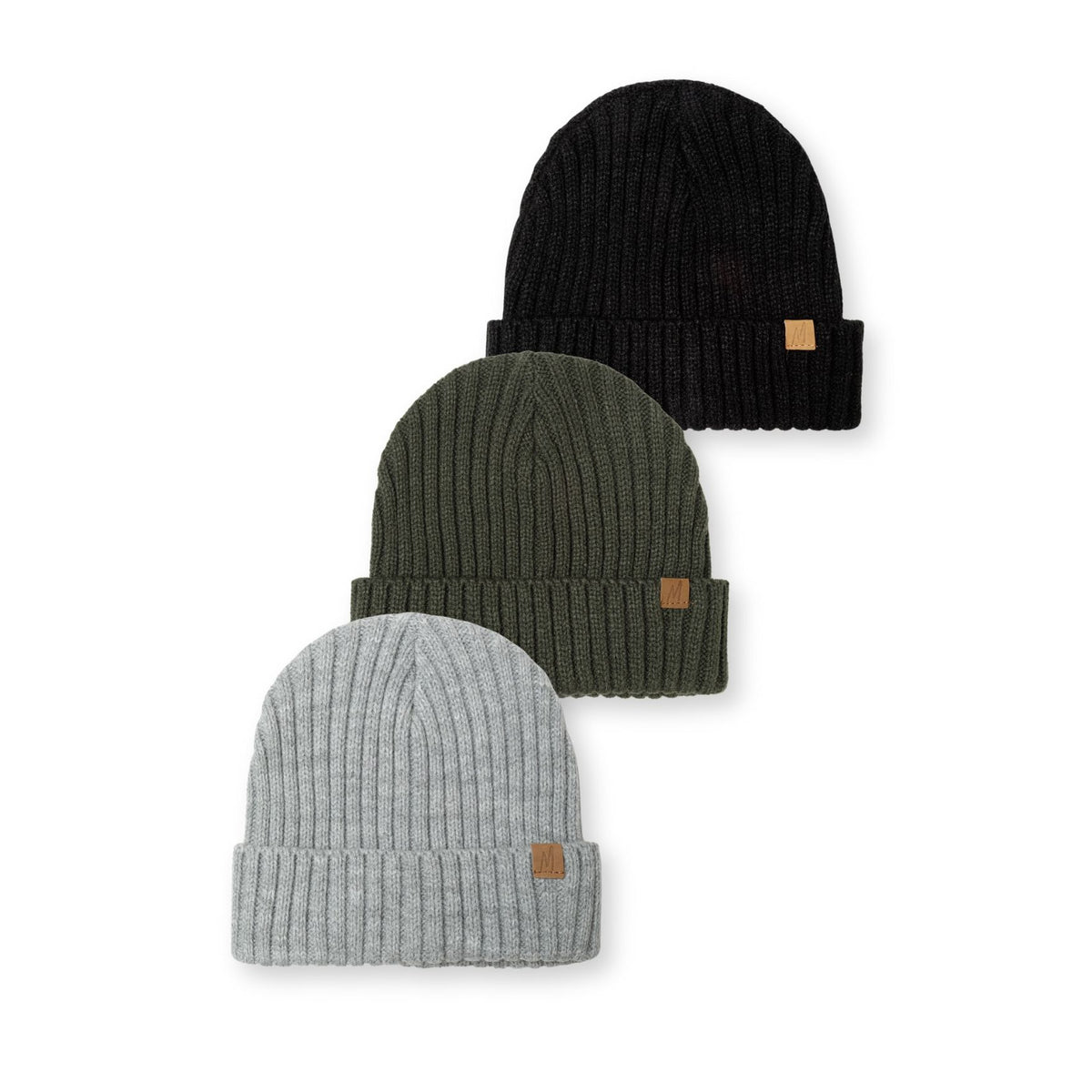 Boys' ribbed beanies 3-pack in black, khaki and grey — complete product view for square Shop card