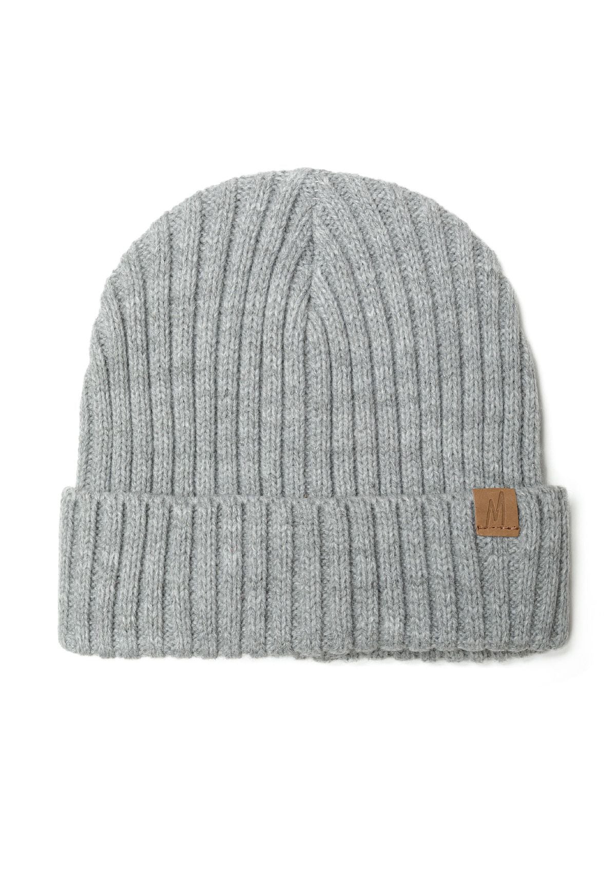 Black, khaki and grey ribbed beanies, grey hat front.
