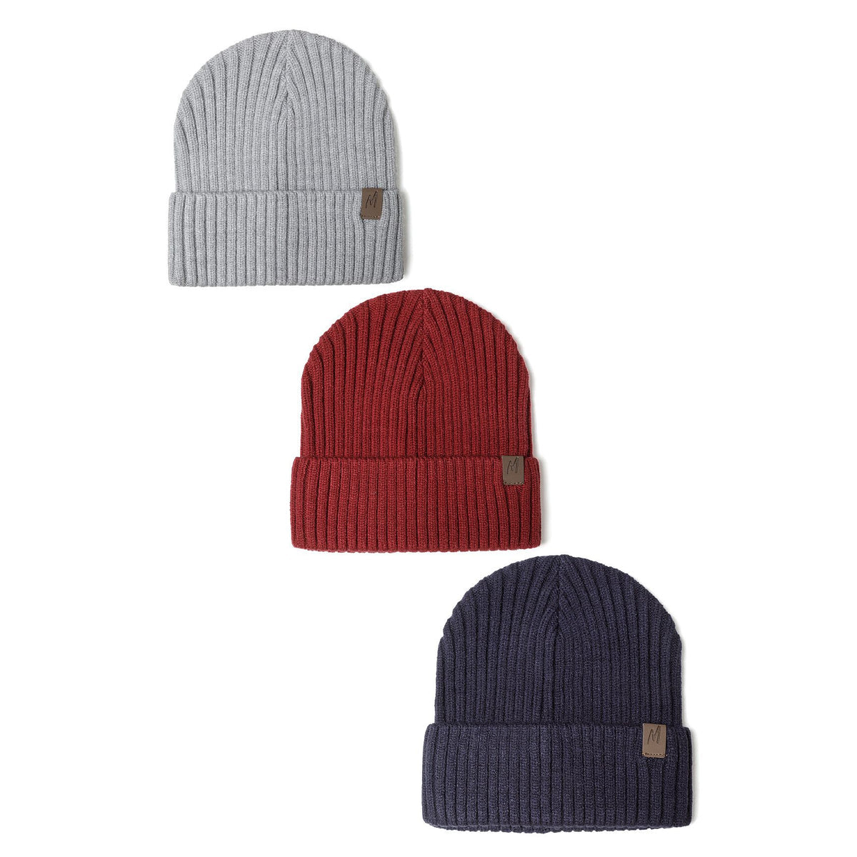 Kids' ribbed beanies 3-pack in grey, burgundy and navy — complete product view for square Shop card