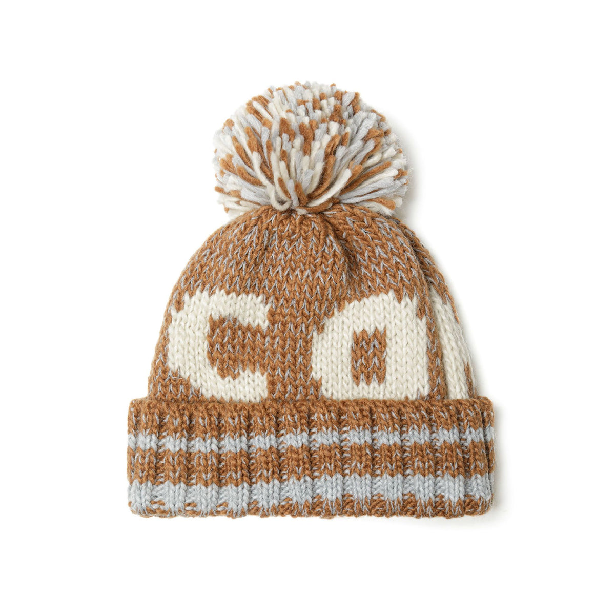 Kids' bobble hat in camel, grey and cream — complete product view for square Shop card