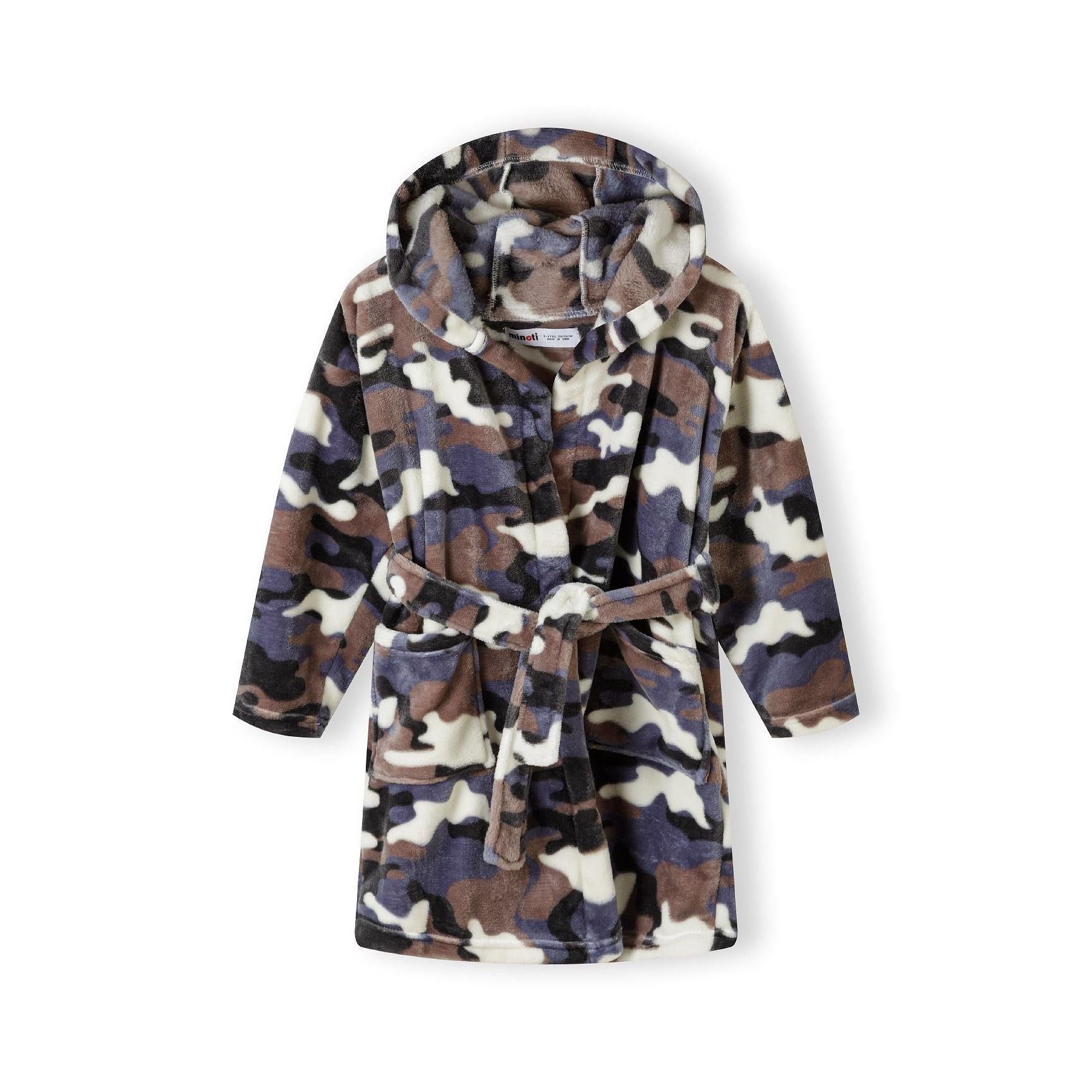 Back view of camouflage fleece bathrobe showing tie belt and hooded design on white background