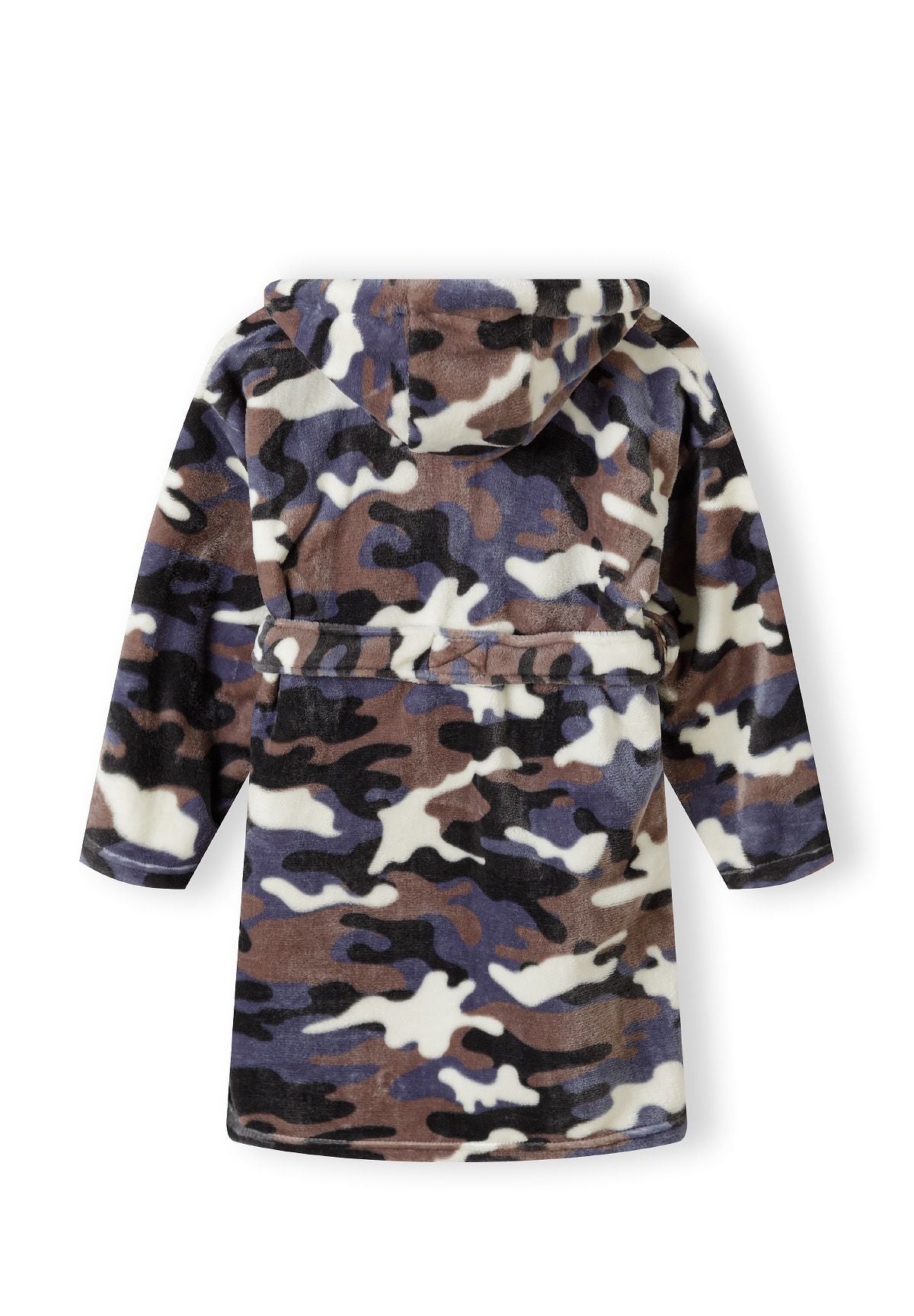 Boys robe in camouflage pattern, back view with hood and tie belt.