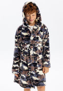 Boys robe in camouflage pattern, front view, featuring a tie belt and pockets.
