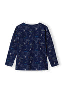 Boys long sleeve pyjamas drop shoulder blue 2-14y featuring a playful pattern on a lightweight navy top for comfortable sleep.