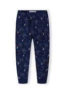 Boys long sleeve pyjamas drop shoulder blue 2-14y, navy legging-style bottoms featuring playful patterns, lightweight and breathable fabric.
