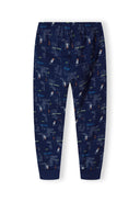 Boys long sleeve pyjamas drop shoulder blue 2-14y featuring a patterned blue legging-style bottom with an elastic waistband.