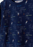 Boys long sleeve pyjamas drop shoulder blue 2-14y featuring a navy fabric with a 'Space Odyssey' rocket print for playful sleepwear.