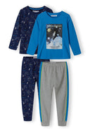 Boys long sleeve pyjamas drop shoulder blue 2-14y, featuring varied blue tops and grey leggings with bright side stripes. Made from soft, breathable fabric.