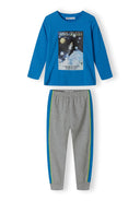 Boys long sleeve pyjamas drop shoulder blue 2-14y, featuring a vibrant blue top with space graphic and grey bottoms with stripes. Soft and breathable fabric.