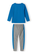 Boys long sleeve pyjamas drop shoulder blue 2-14y featuring a vibrant blue top and grey leggings with blue accents. Soft and comfortable fabric.