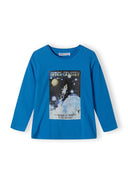 Boys long sleeve pyjamas drop shoulder blue 2-14y, vibrant blue fabric, soft texture, featuring space-themed print, ideal for kids.