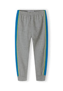 Boys jogger pants in grey with blue and green side stripes. Lightweight material designed for active children. Size 2-14y.