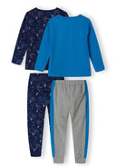 Boys long sleeve pyjamas drop shoulder blue 2-14y featuring two pack set with blue and navy tops and grey bottoms. Soft breathable fabric.