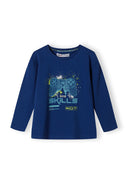 Navy boys long sleeve pyjama top featuring a gaming graphic and the word 'SKILLS'. Designed for ages 2-14 years. Comfort fit.