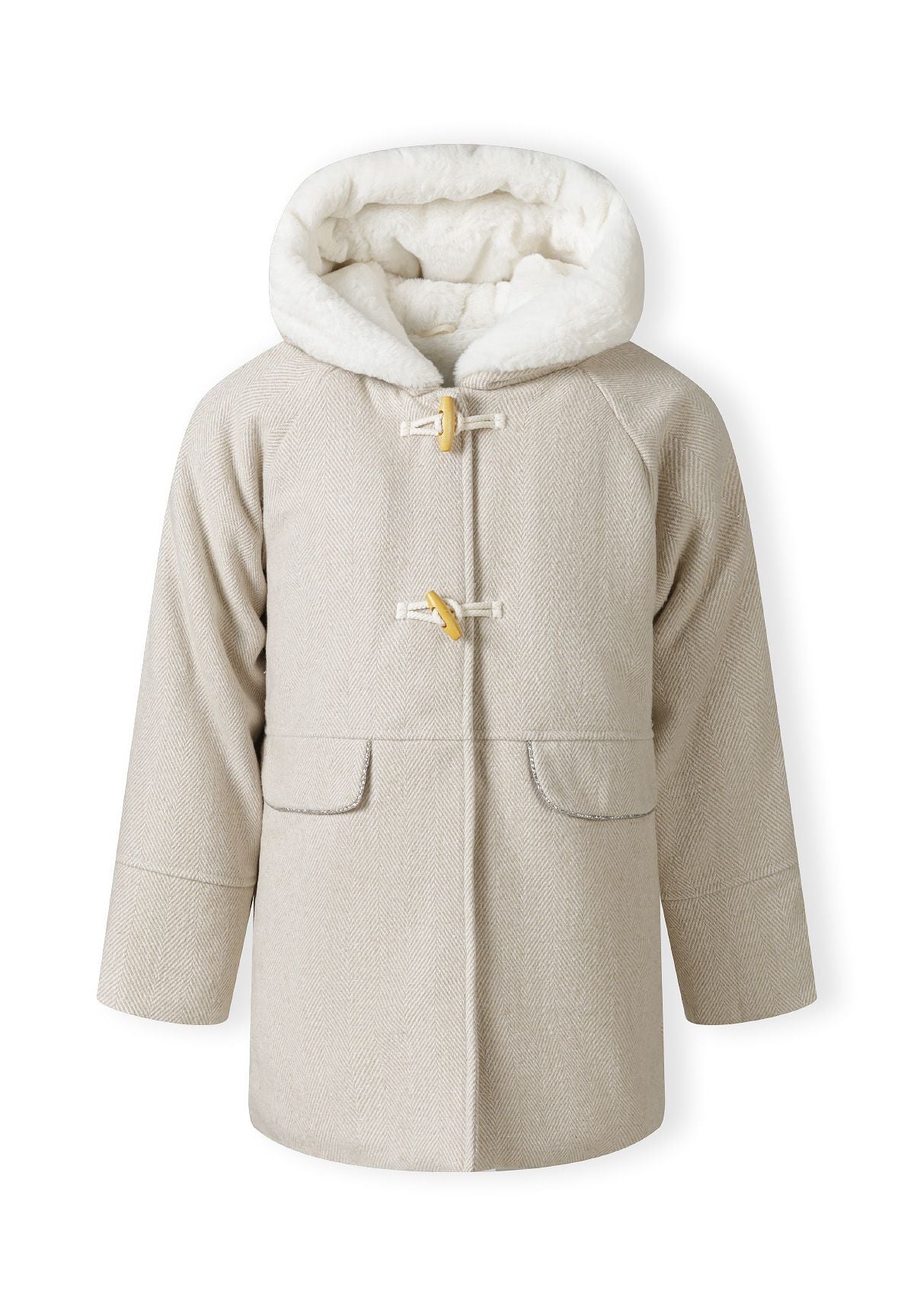 Front of a light beige duffle coat.