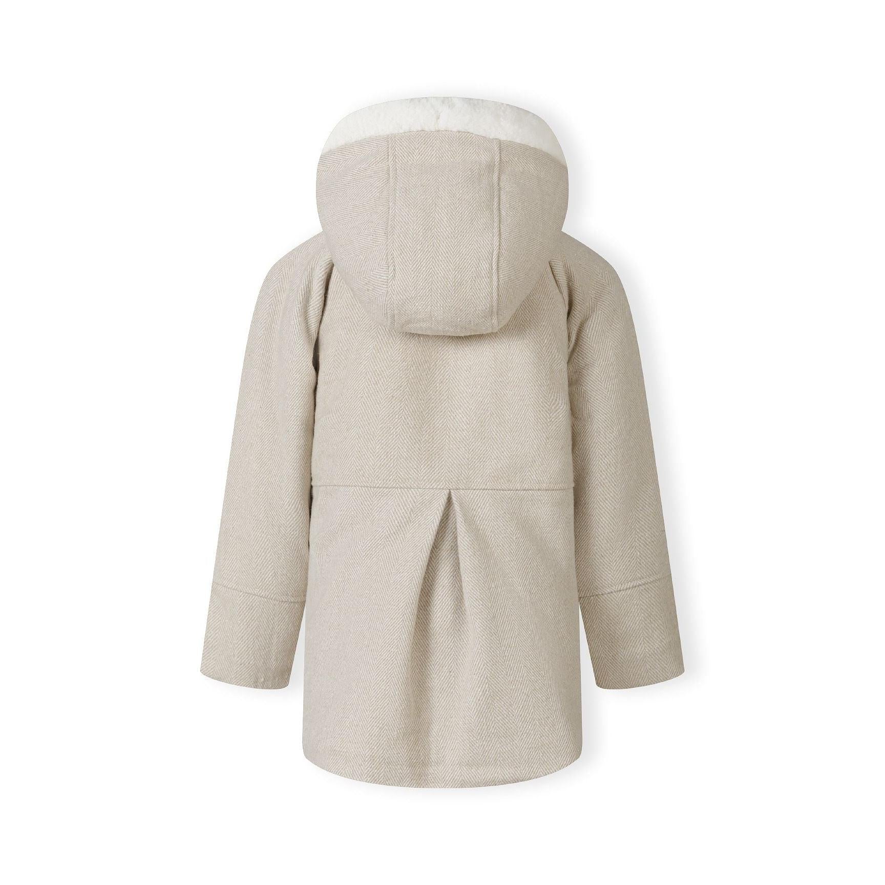 Back view of grey wool blend winter coat showing herringbone texture, hood with faux fur trim and relaxed fit silhouette on white background