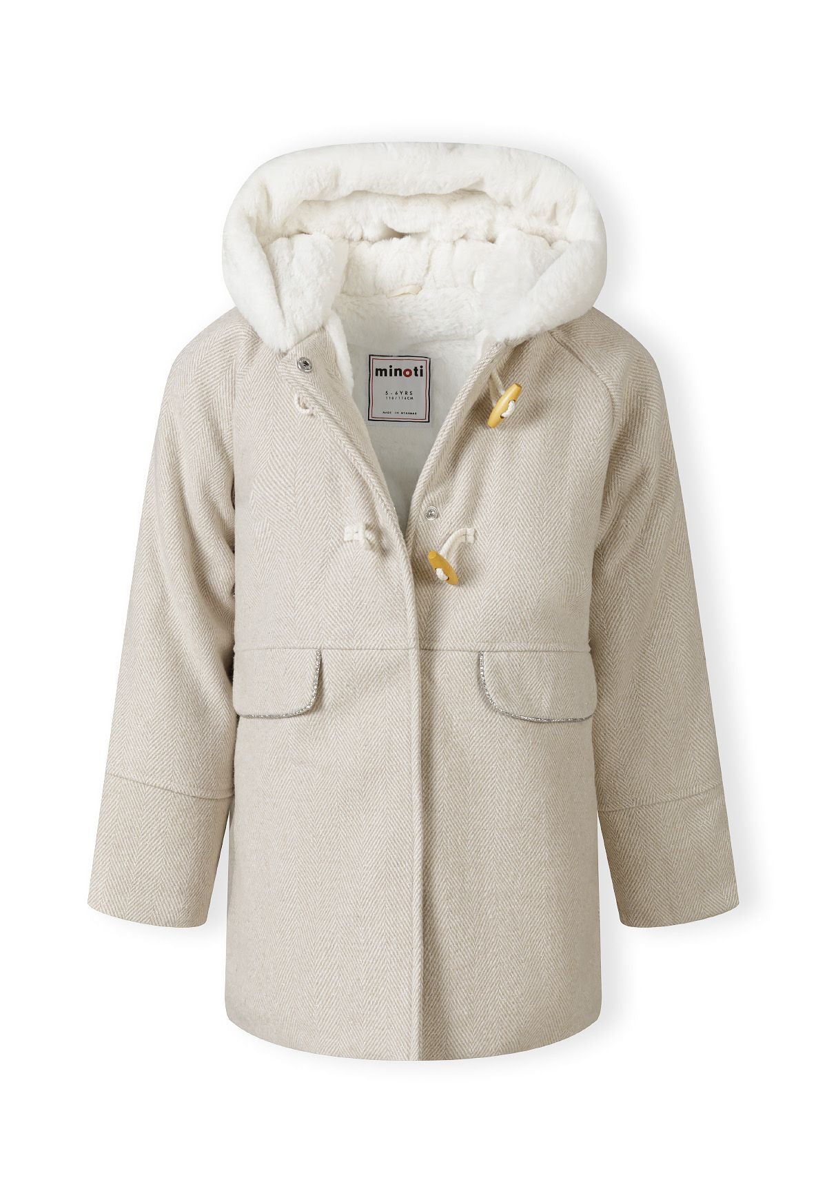The light beige duffle coat shown open to reveal the inside.