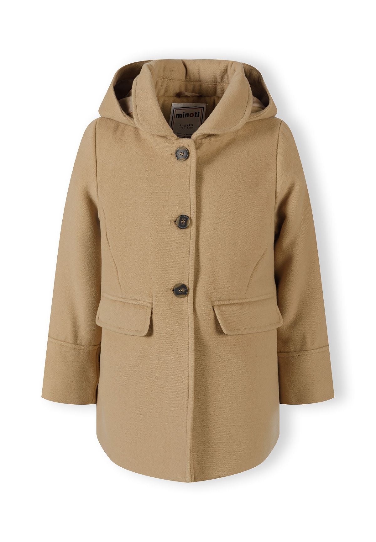 Front of a camel hooded coat.