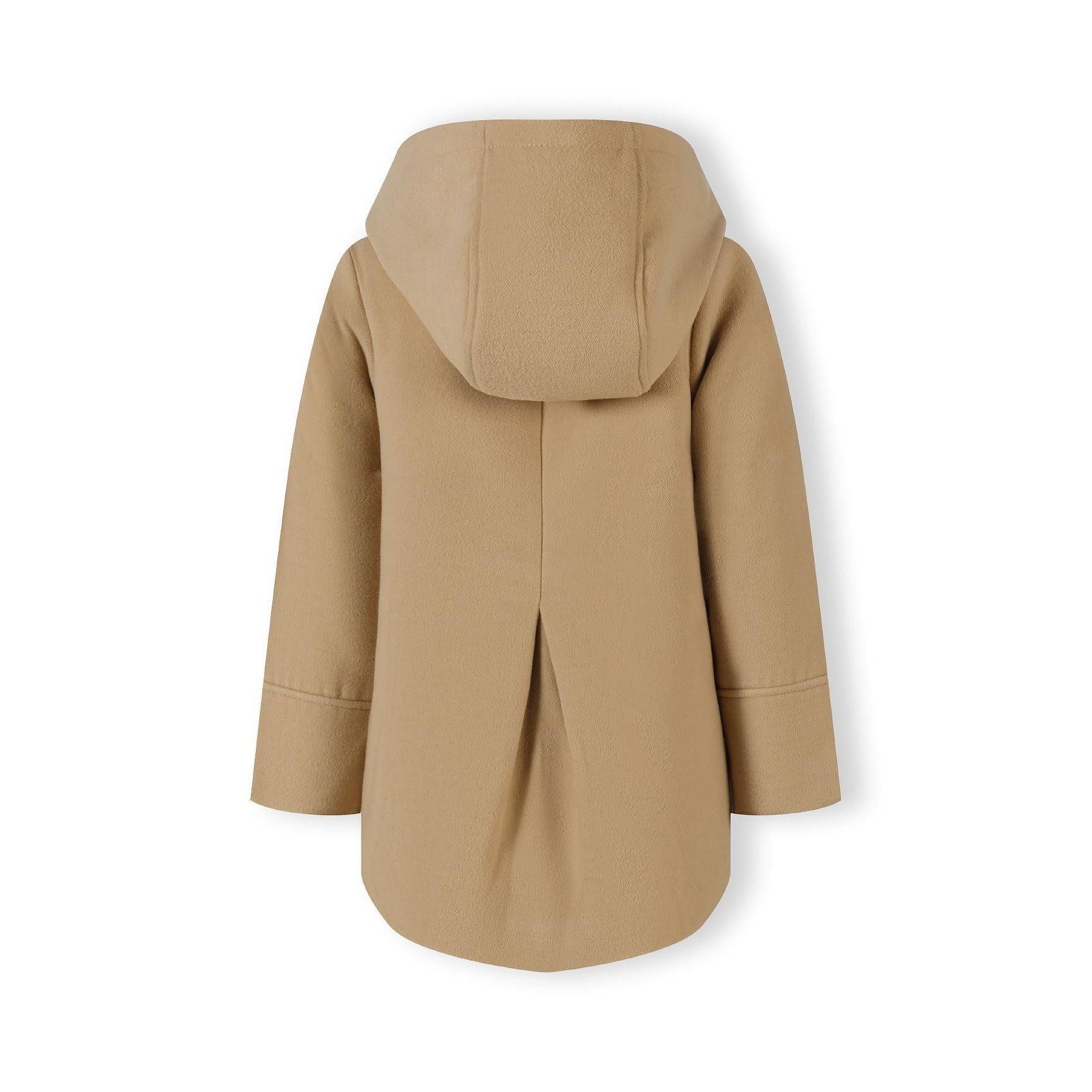 Back view of beige padded coat showing hood design, structured silhouette and quality construction details on white background