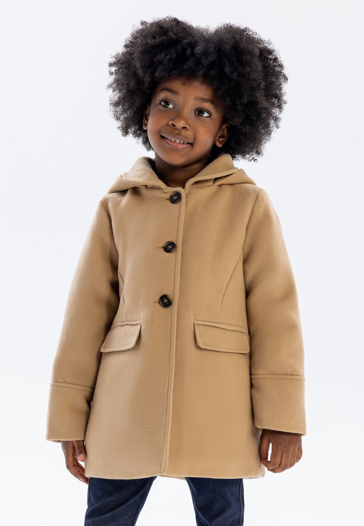 Girls' camel hooded coat, shown worn.