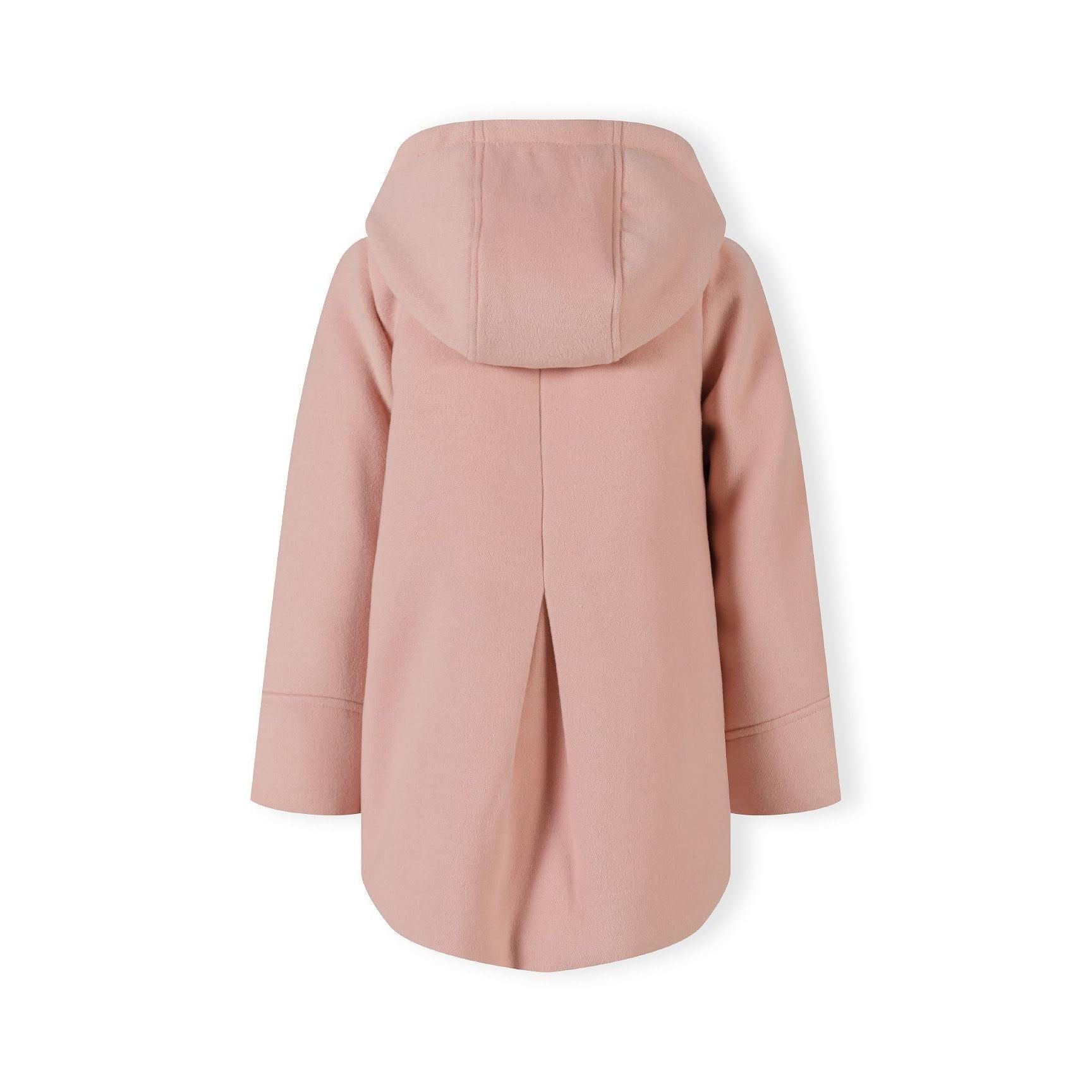 Back view of pink hooded padded coat laid flat showing hood construction, sleeve details and overall silhouette against white background