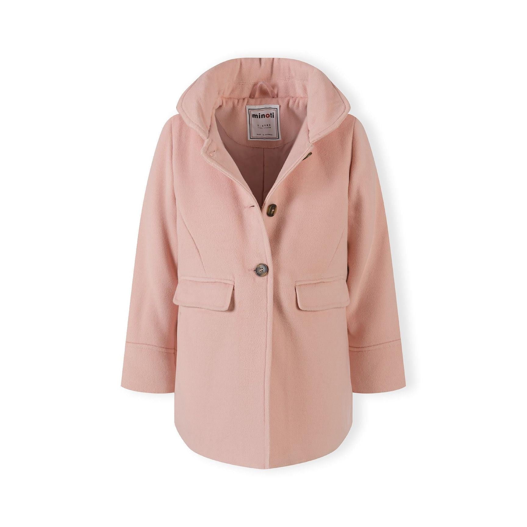 Close-up detail of pink padded coat showing patch pocket construction, fabric texture and stitching quality