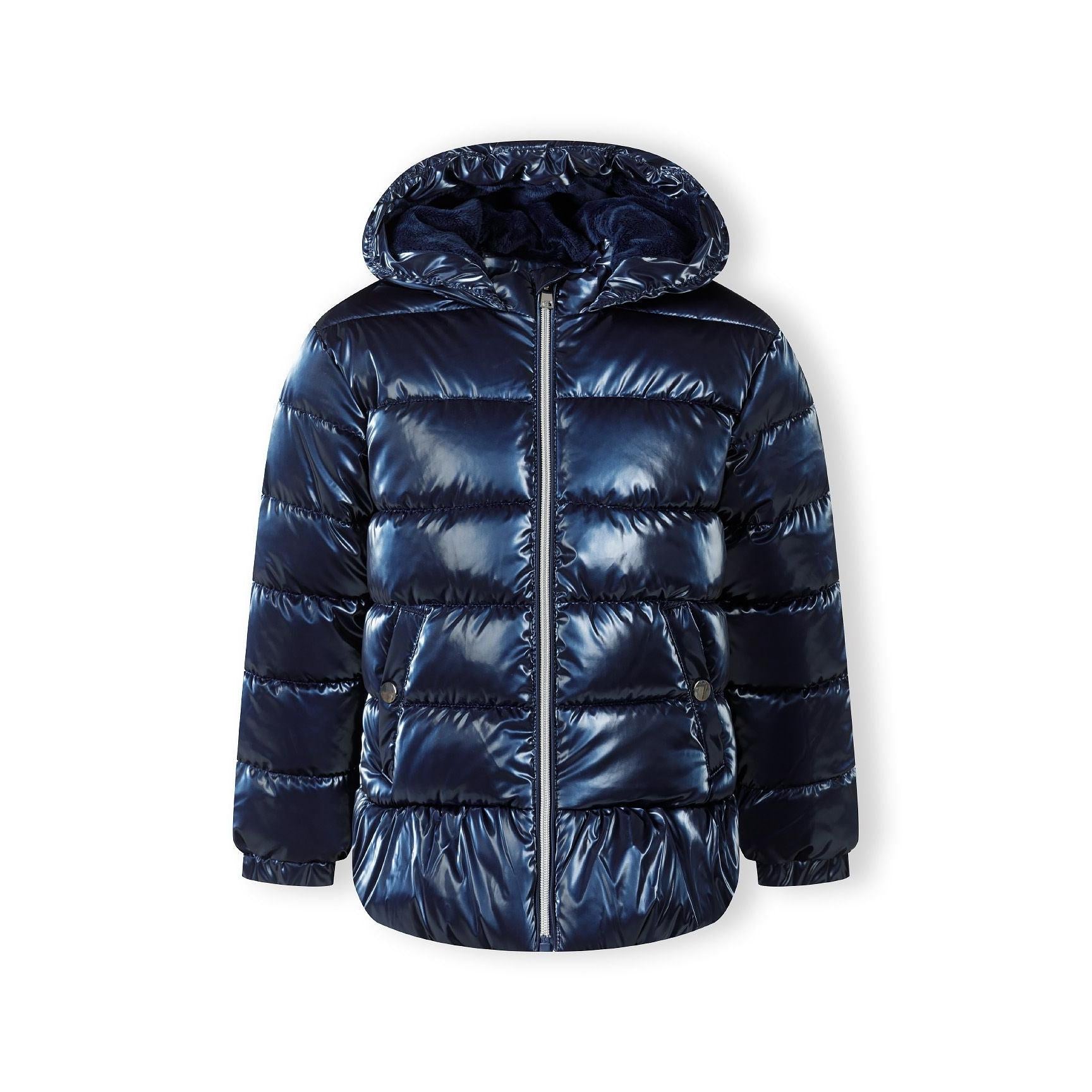 Back view of metallic navy padded jacket showing quilted design, hood detail and overall silhouette on white background