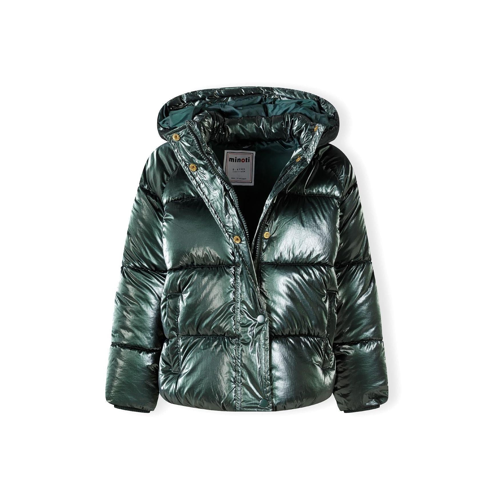 Green metallic padded jacket laid flat showing quilted pattern, hood, and Minoti label detail
