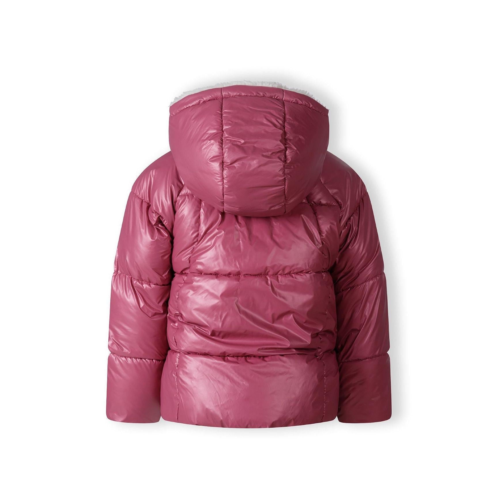 Close-up view of metallic purple reversible padded jacket showing quilted construction and white teddy fur hood interior, displayed flat on white background