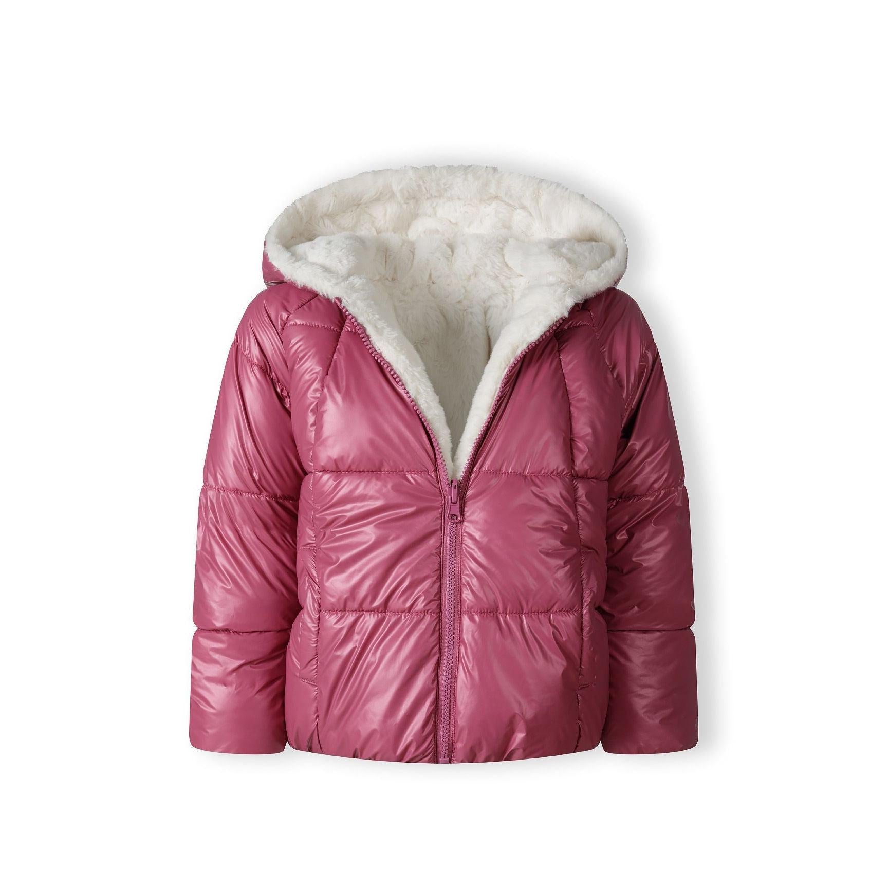 Close-up view of metallic purple reversible padded jacket showing quilted construction and white teddy fur hood interior, displayed flat on white background