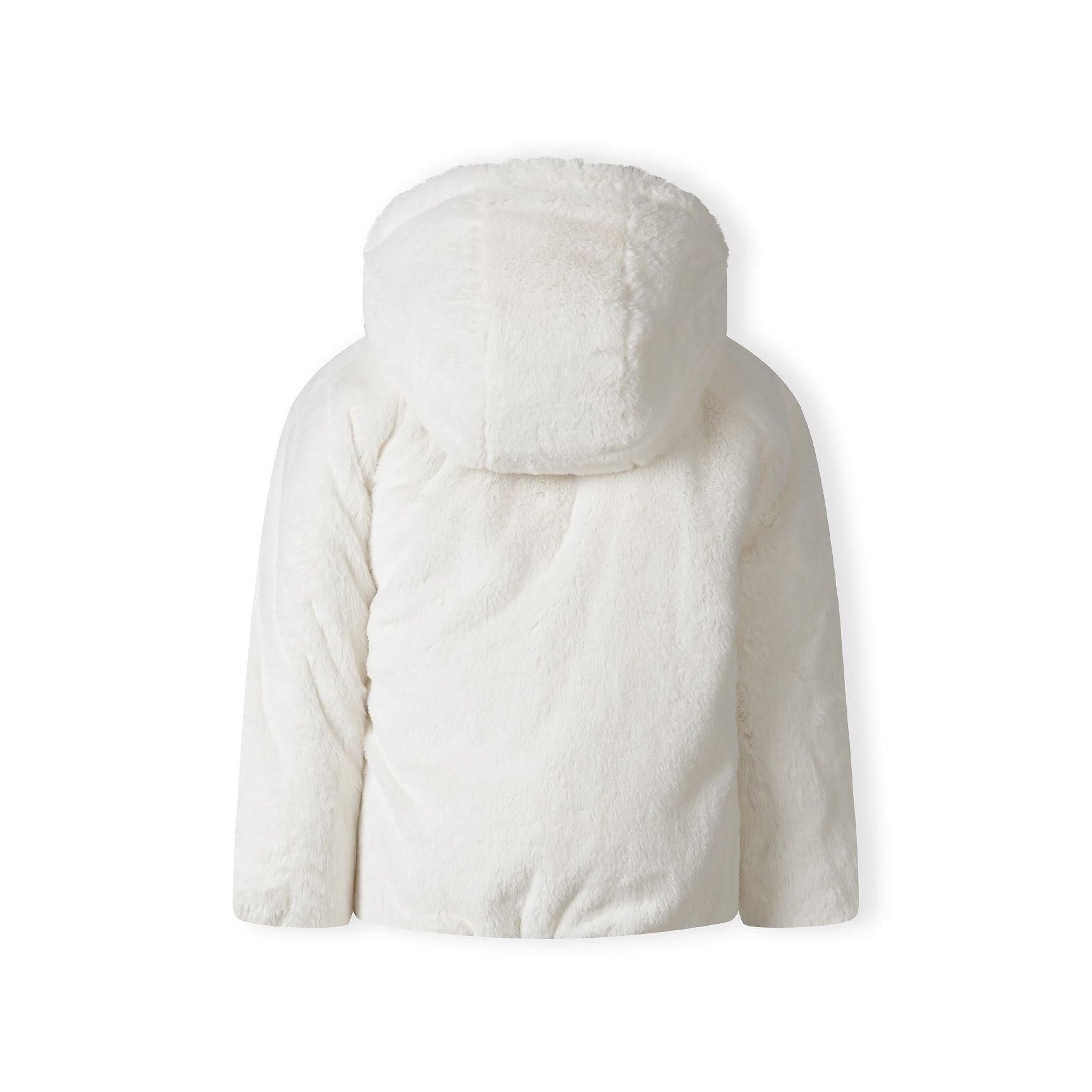 Close-up view of metallic purple reversible padded jacket showing quilted construction and white teddy fur hood interior, displayed flat on white background