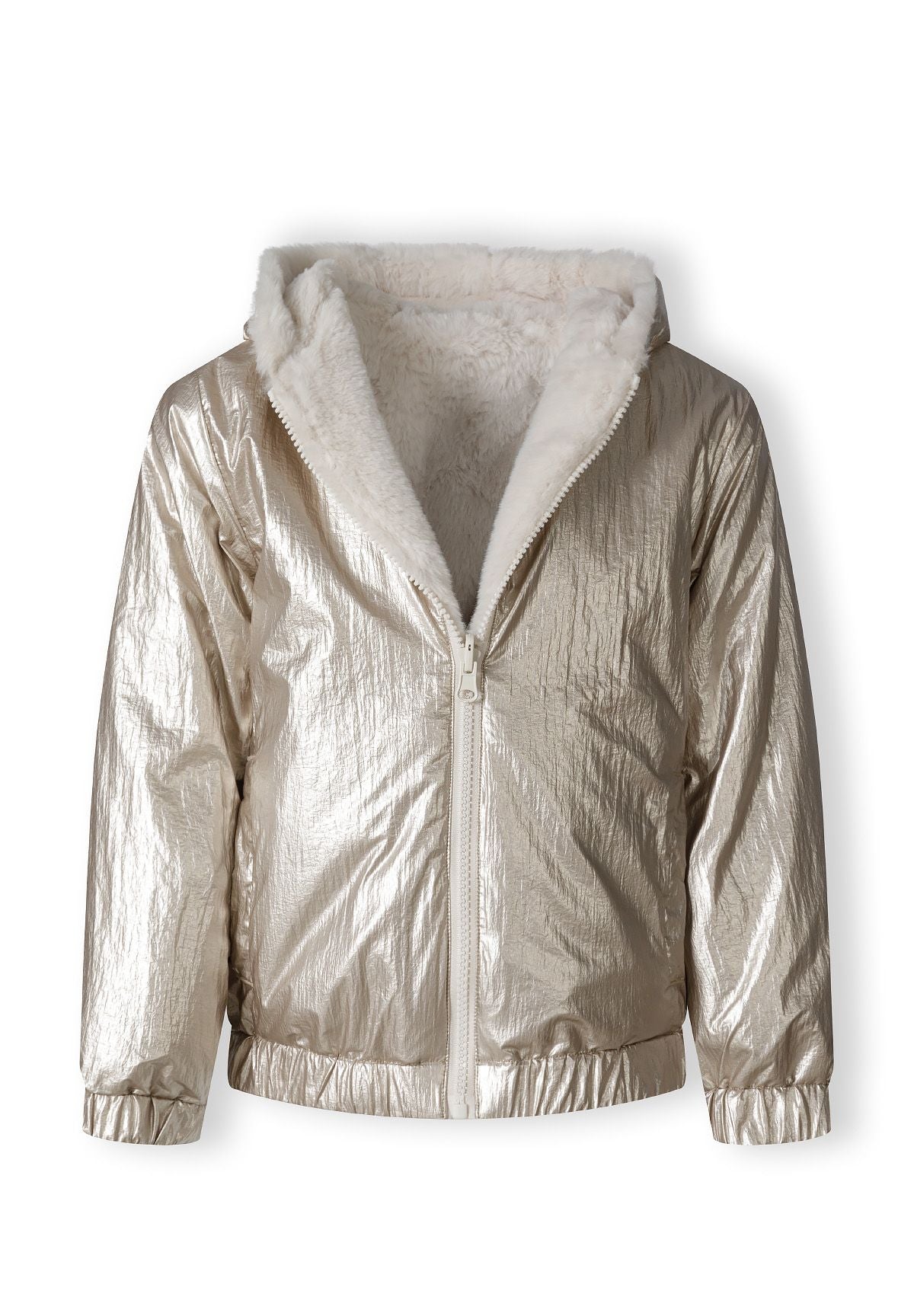 The metallic side of the reversible jacket, shown open.
