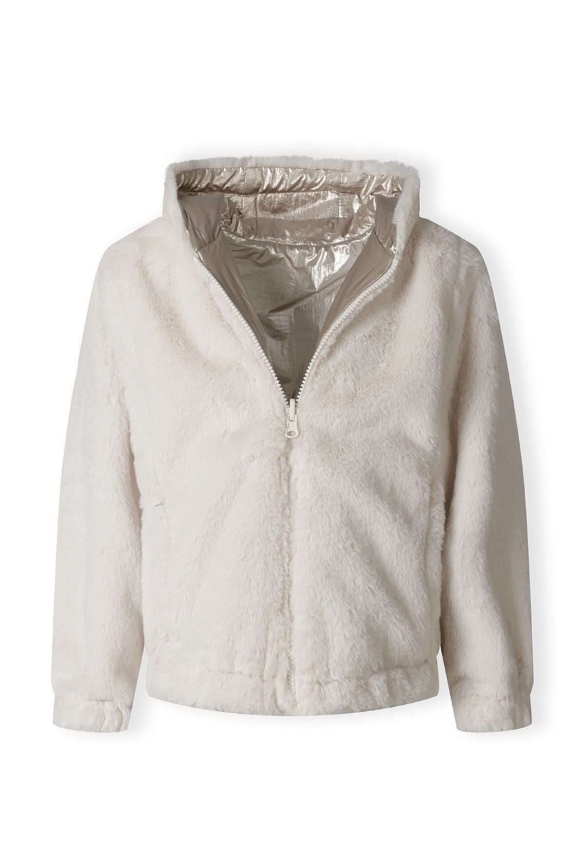 The fluffy side of the reversible jacket, shown open.